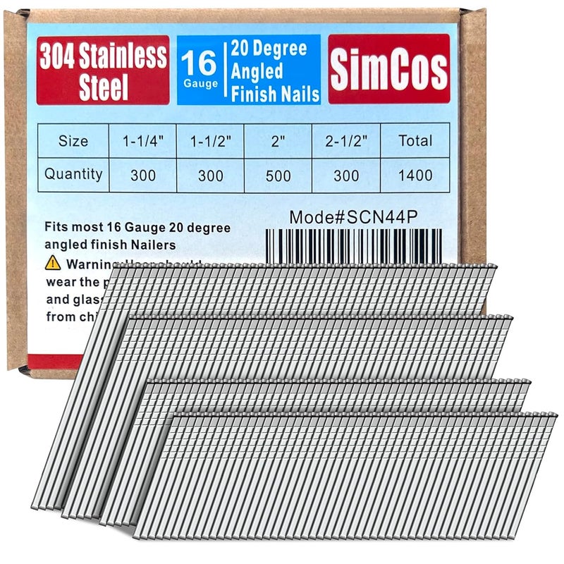SimCos 16 Gauge 304 Stainless Steel Angled Finish Nails – 1-1/4” to 2-1/2 Inch, 20-Degree | Compatible with Pneumatic/Electric Angled Finish Nailers & Nail Guns (1-1/4"+1-1/2"+2"+2-1/2"-1400 pcs) - Image 1